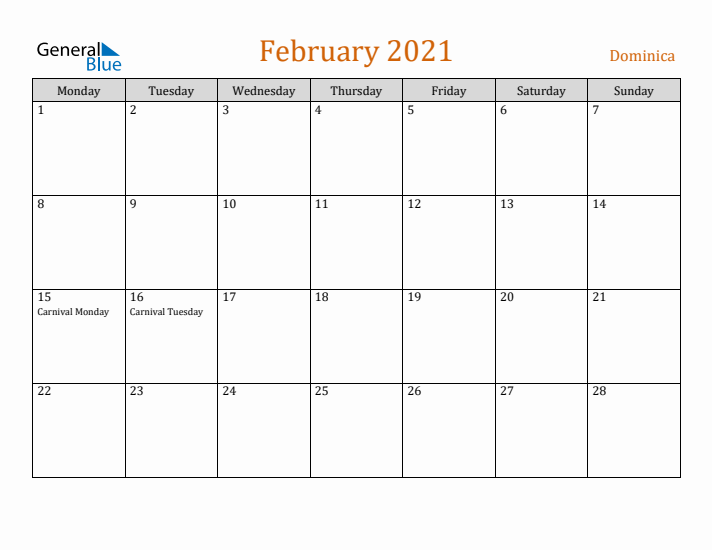 February 2021 Holiday Calendar with Monday Start