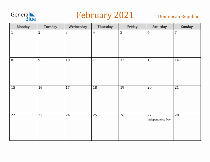 February 2021 Holiday Calendar with Monday Start