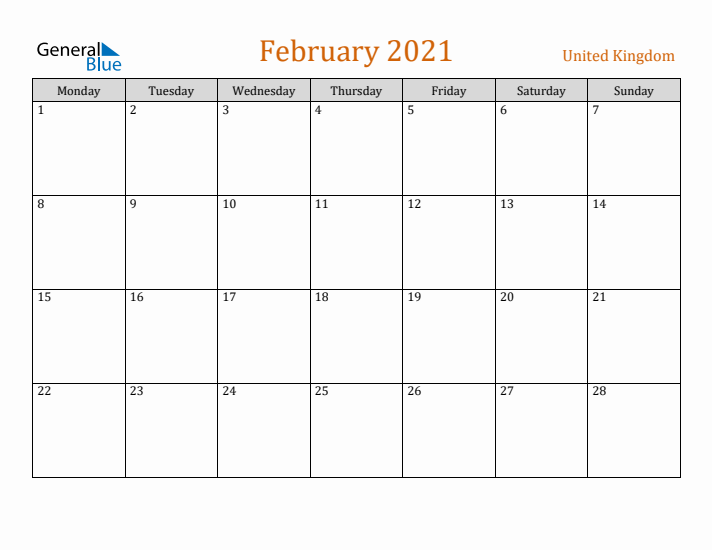 February 2021 Holiday Calendar with Monday Start