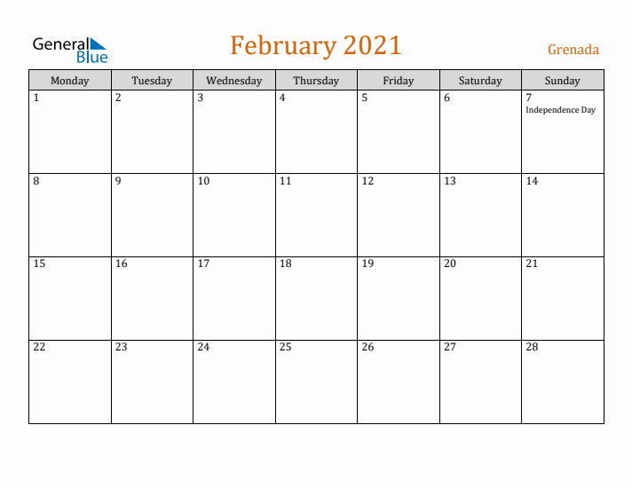 February 2021 Holiday Calendar with Monday Start