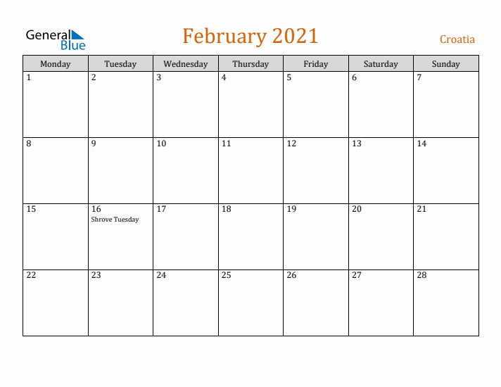 February 2021 Holiday Calendar with Monday Start