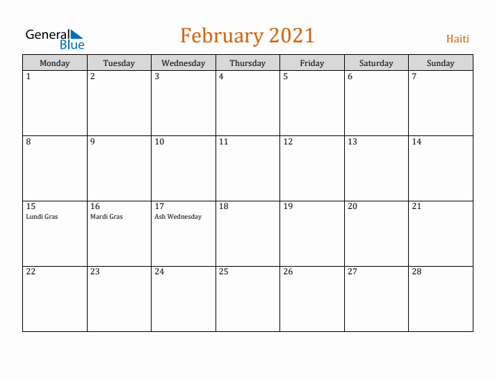 February 2021 Holiday Calendar with Monday Start