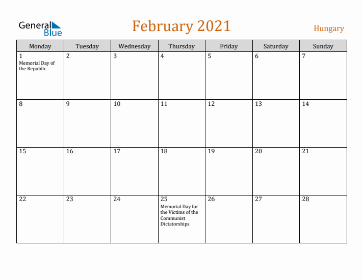 February 2021 Holiday Calendar with Monday Start