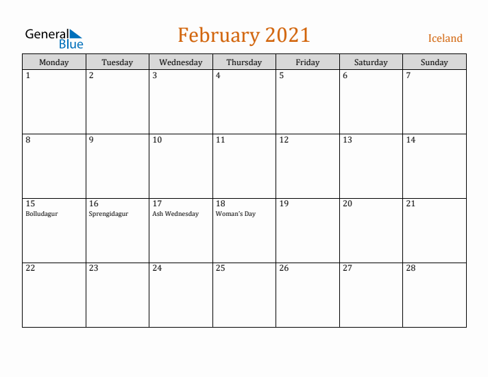 February 2021 Holiday Calendar with Monday Start