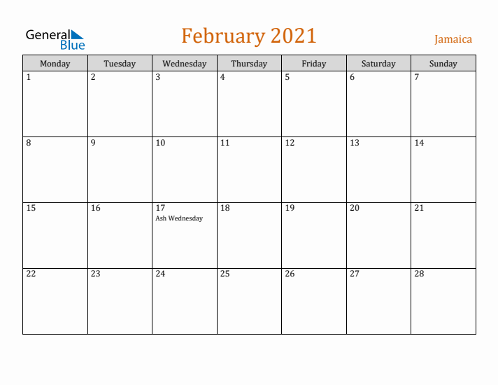 February 2021 Holiday Calendar with Monday Start