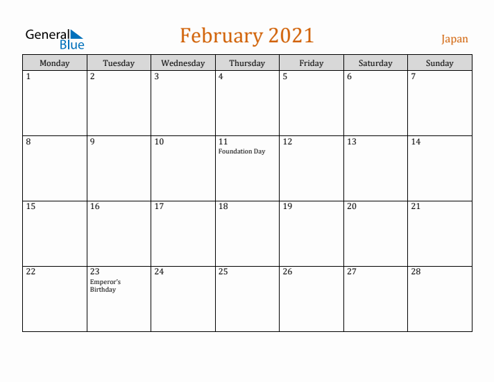 February 2021 Holiday Calendar with Monday Start