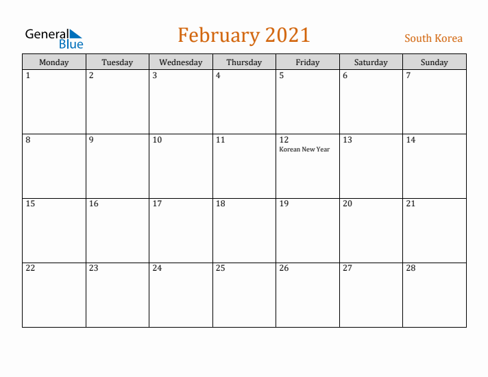 February 2021 Holiday Calendar with Monday Start