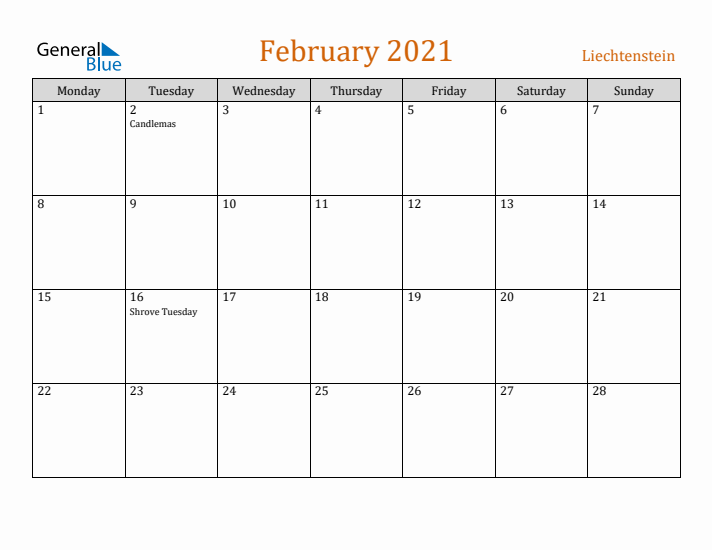 February 2021 Holiday Calendar with Monday Start