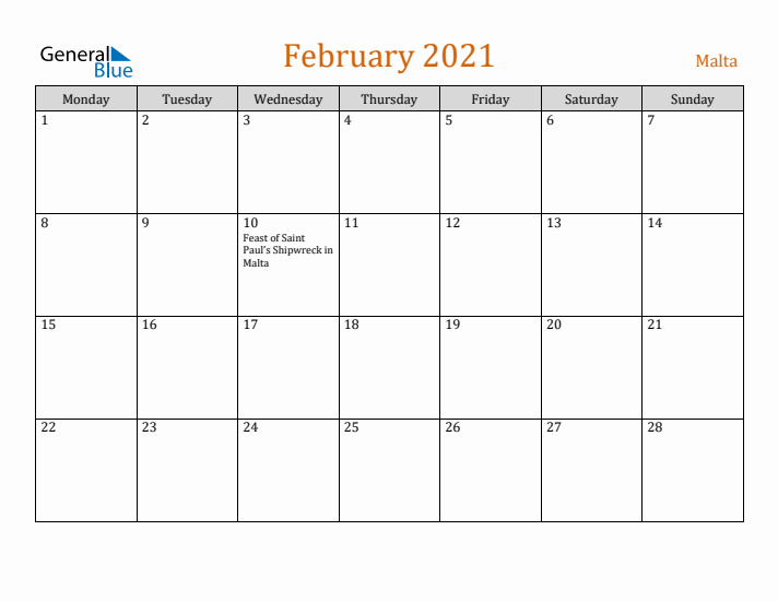 February 2021 Holiday Calendar with Monday Start