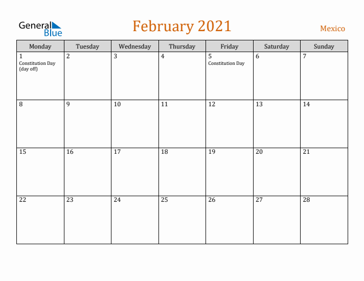 February 2021 Holiday Calendar with Monday Start