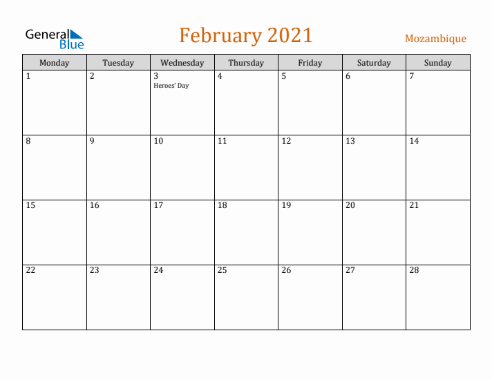 February 2021 Holiday Calendar with Monday Start