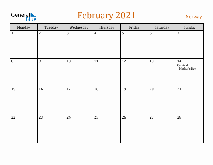 February 2021 Holiday Calendar with Monday Start