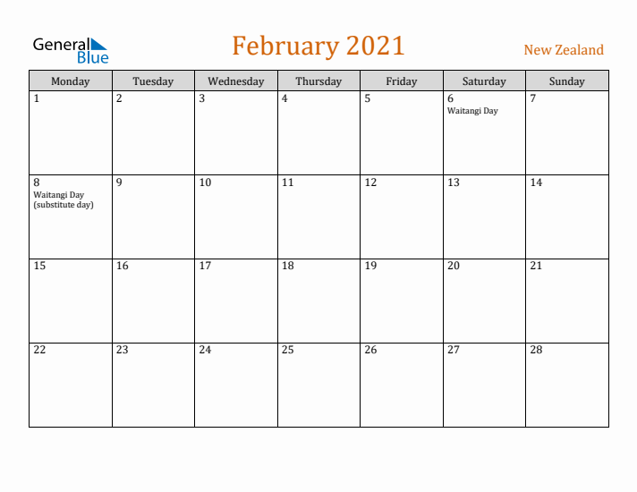 February 2021 Holiday Calendar with Monday Start