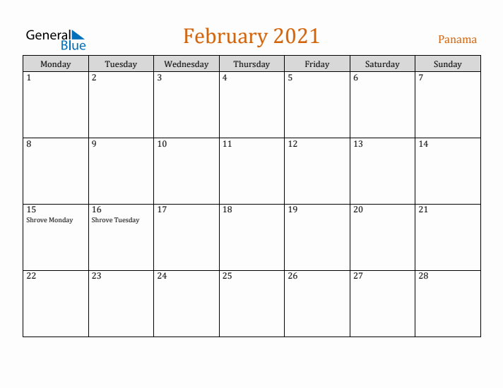 February 2021 Holiday Calendar with Monday Start