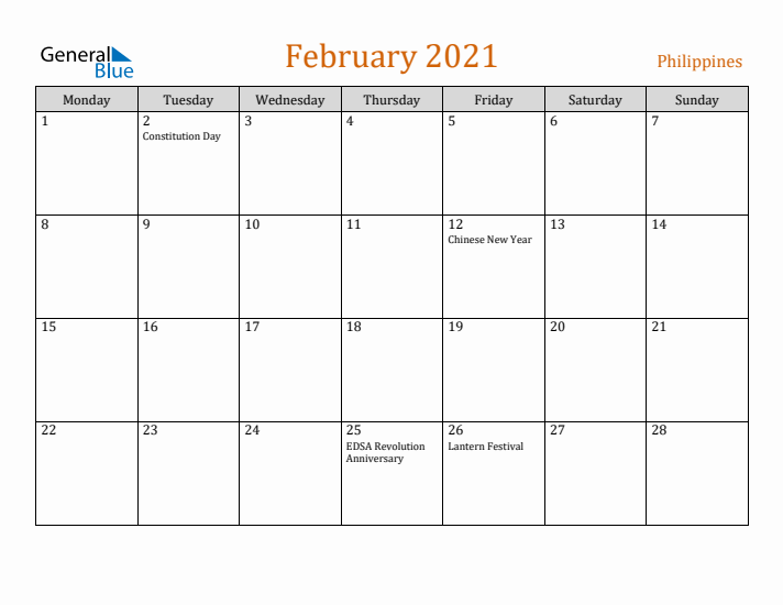 February 2021 Holiday Calendar with Monday Start