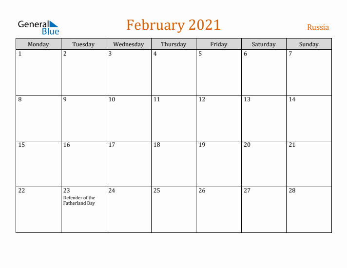 February 2021 Holiday Calendar with Monday Start