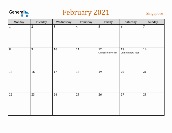 February 2021 Holiday Calendar with Monday Start