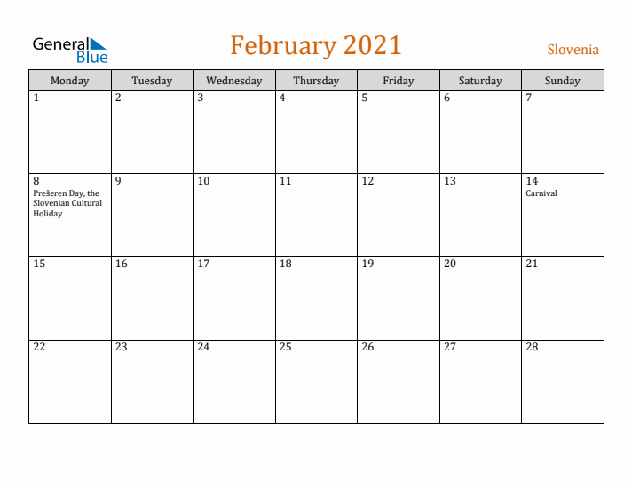 February 2021 Holiday Calendar with Monday Start