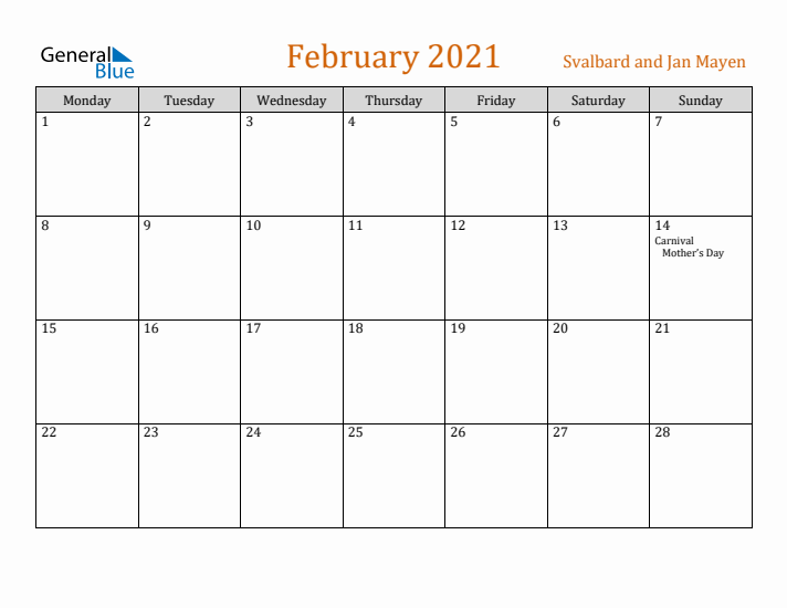 February 2021 Holiday Calendar with Monday Start