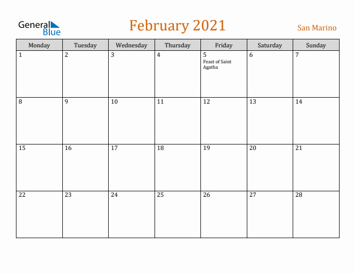 February 2021 Holiday Calendar with Monday Start