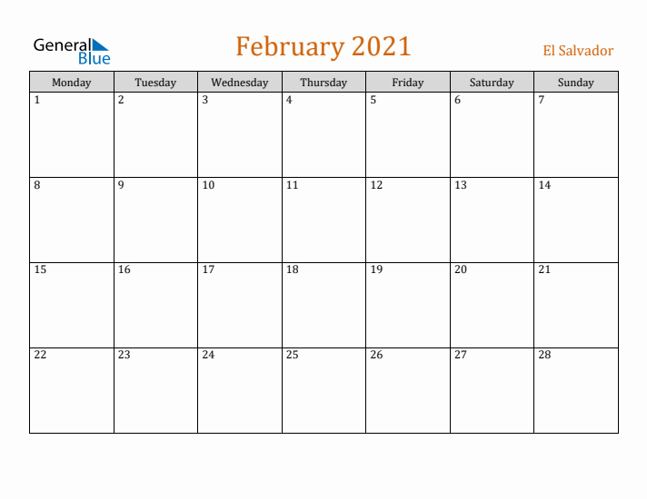 February 2021 Holiday Calendar with Monday Start