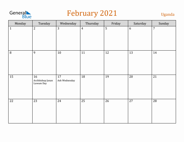 February 2021 Holiday Calendar with Monday Start