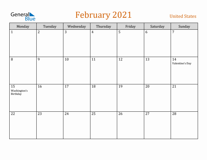 February 2021 Holiday Calendar with Monday Start