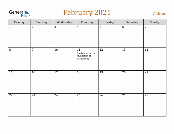 February 2021 Holiday Calendar with Monday Start