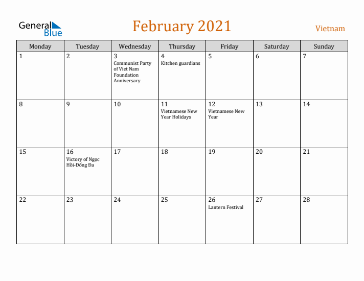 February 2021 Holiday Calendar with Monday Start