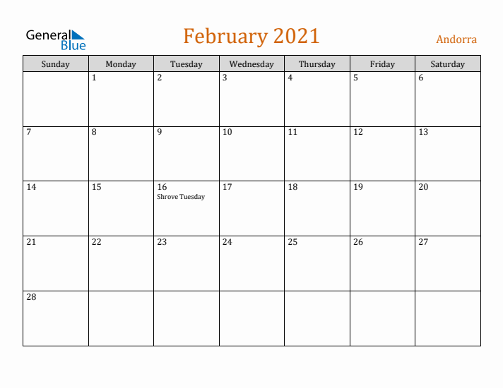 February 2021 Holiday Calendar with Sunday Start