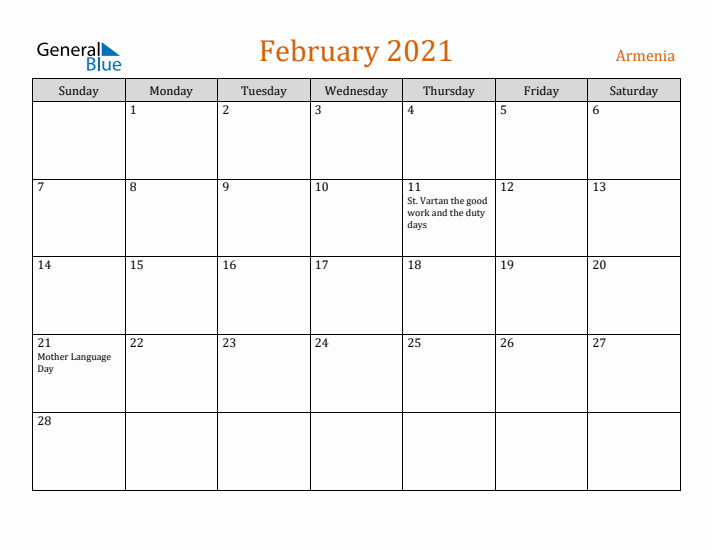 February 2021 Holiday Calendar with Sunday Start