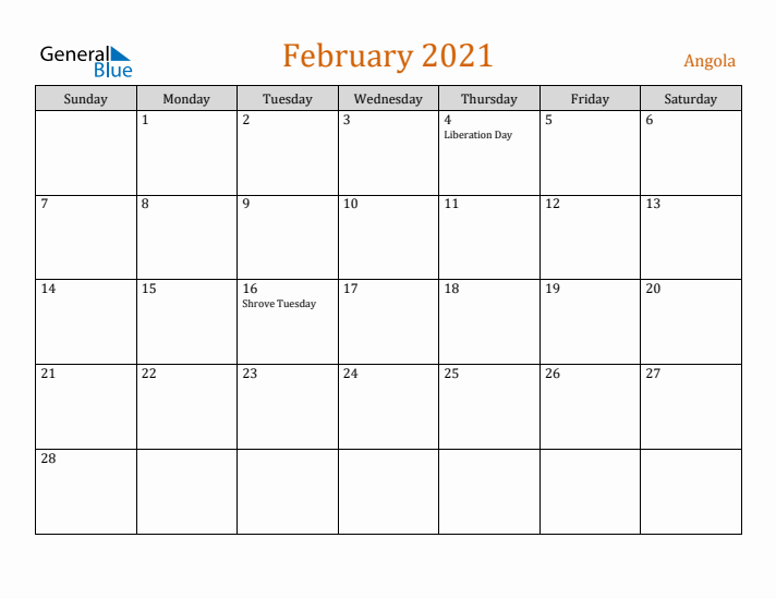 February 2021 Holiday Calendar with Sunday Start