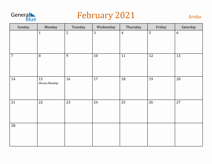 February 2021 Holiday Calendar with Sunday Start