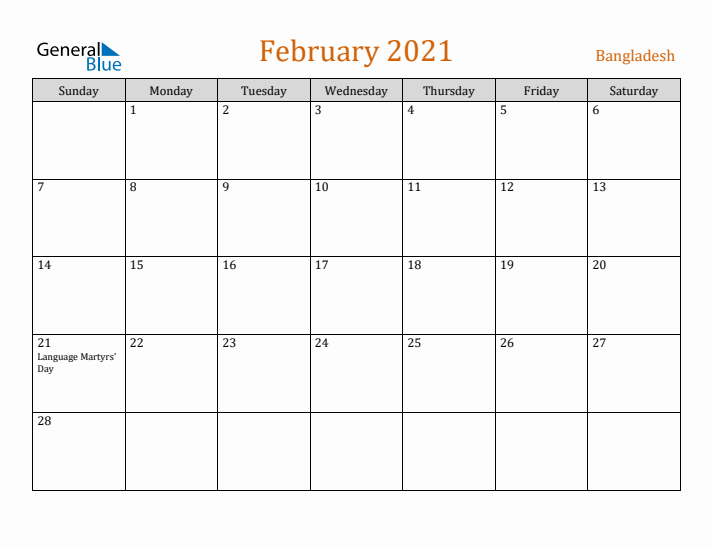 February 2021 Holiday Calendar with Sunday Start