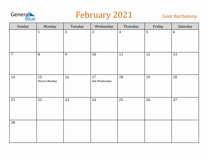 February 2021 Holiday Calendar with Sunday Start