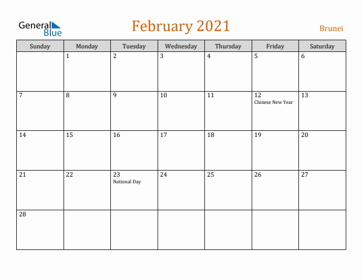 February 2021 Holiday Calendar with Sunday Start