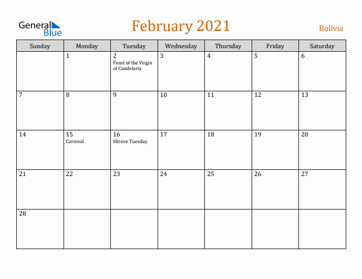 February 2021 Holiday Calendar with Sunday Start