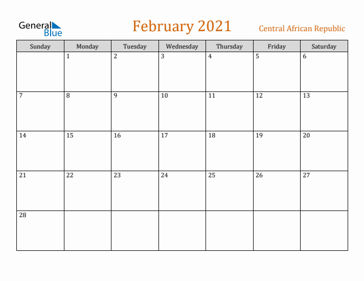 February 2021 Holiday Calendar with Sunday Start