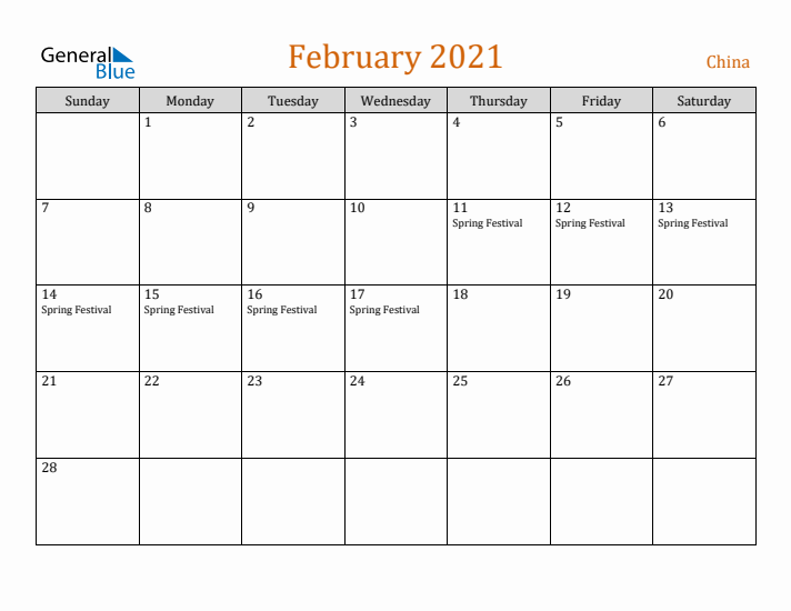 February 2021 Holiday Calendar with Sunday Start