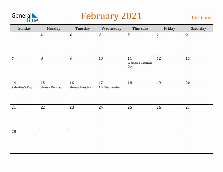 February 2021 Holiday Calendar with Sunday Start