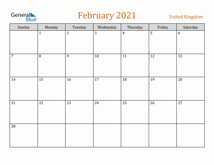 February 2021 Holiday Calendar with Sunday Start