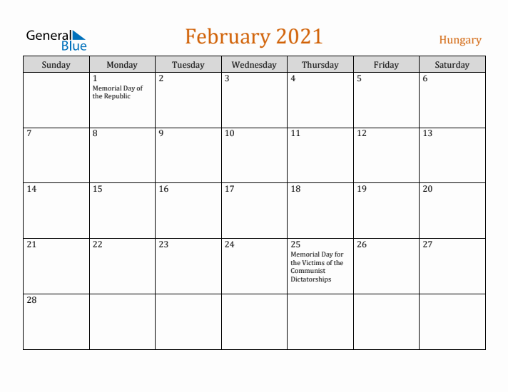 February 2021 Holiday Calendar with Sunday Start