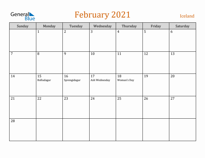 February 2021 Holiday Calendar with Sunday Start