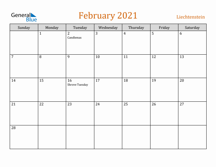 February 2021 Holiday Calendar with Sunday Start