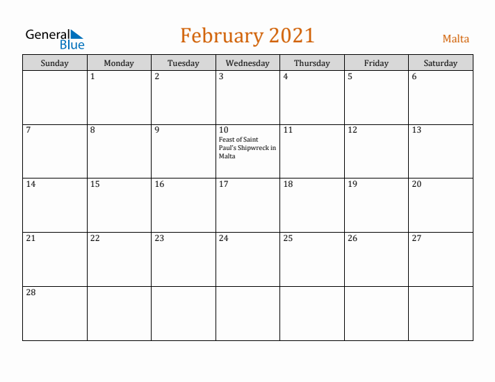 February 2021 Holiday Calendar with Sunday Start