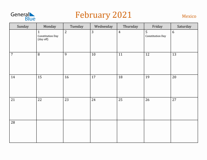 February 2021 Holiday Calendar with Sunday Start