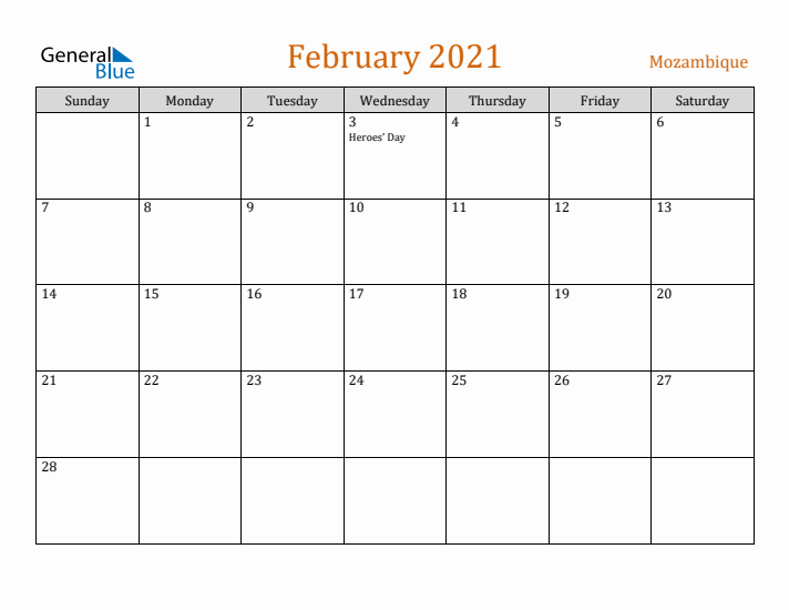 February 2021 Holiday Calendar with Sunday Start