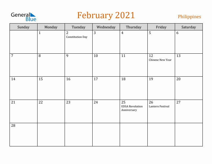 February 2021 Holiday Calendar with Sunday Start