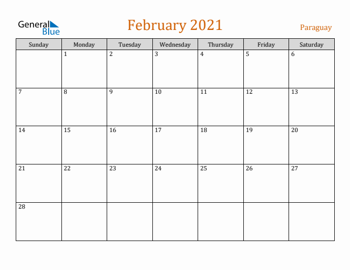 February 2021 Holiday Calendar with Sunday Start