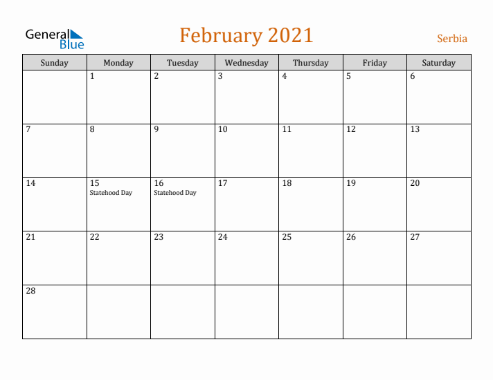 February 2021 Holiday Calendar with Sunday Start